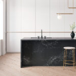 white kitchen with black island