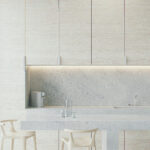 Modern kitchen with island in Caesarstone 4044 Airy Concrete 2038