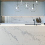 white veined kitchen island