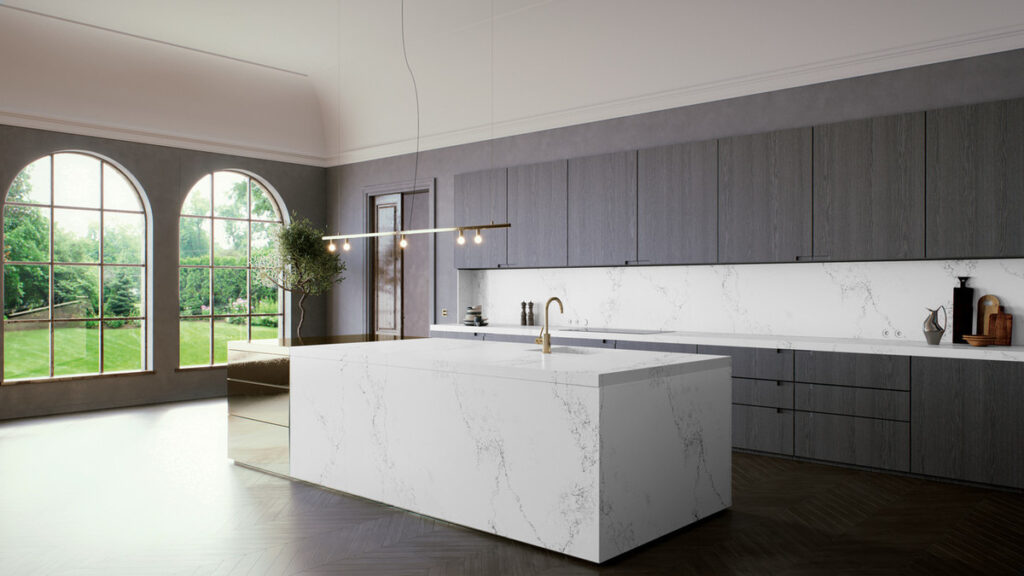 white kitchen marble countertop island