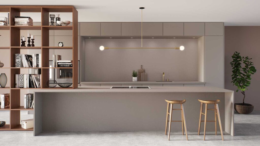 grey modern kitchen with an island 