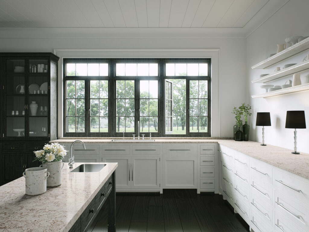 Classic white kitchen with cream counters 