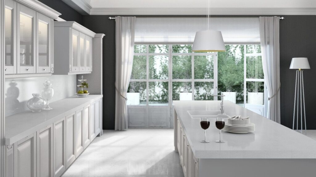 White farmhouse kitchen with white countertops 