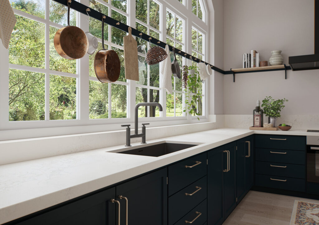 kitchen with white veined countertops
