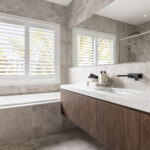 Caesarstoen 5132 Celestial Sky surfaces in project with Developer/Contractor Carlisle Homes - Modern kitchen and bathroom