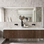 Caesarstoen 5132 Celestial Sky surfaces in project with Developer/Contractor Carlisle Homes - Modern kitchen and bathroom
