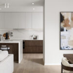 Caesarstoen 5132 Celestial Sky surfaces in project with Developer/Contractor Carlisle Homes - Modern kitchen and bathroom