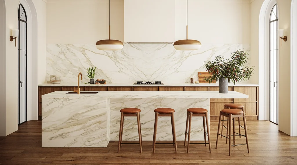 Modern kitchen with marble surfaces, wooden stools, pendant lights, and greenery accents.