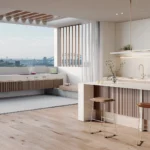 Modern kitchen with bar stools, minimalist Caesarstone 502 Sleet porcelain island, open terrace, city skyline, and lounge seating.
