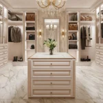 Caesarstone Porcelain 506 MIRABEL surface in Luxury walk-in closet with marble floor, chandelier, central island, hanging clothes, and shelves.