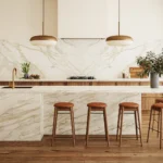 Caesarstone porcelain 506 Mirabel surface in Modern kitchen with marble island, wooden stools, pendant lights, plants, and hardwood flooring.