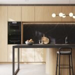 Caesarstone porcelain 511 Smokestone dark surface in modern one wall kitchen with island