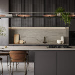 Caesarstone porcelain 513 Striata surface in a modern kitchen with island