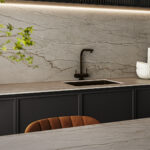 Caesarstone porcelain 513 Striata surface in a modern kitchen with island