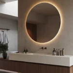 Modern bathroom with backlit round mirror, floating wooden vanity, and hanging garment with plant.